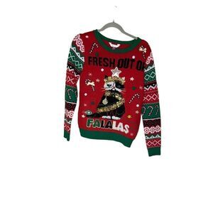 Holiday Time Juniors Ugly Christmas Sweater XS Red 'Fresh Out of FALALAs'